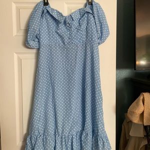 Cottage Blue & White polka dot, off shoulder dress